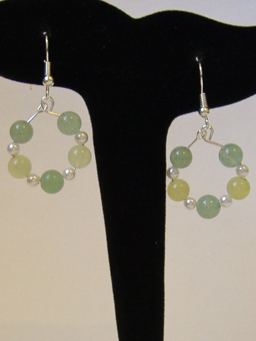 Green White Pearl Hoop Beaded Earrings OOAK